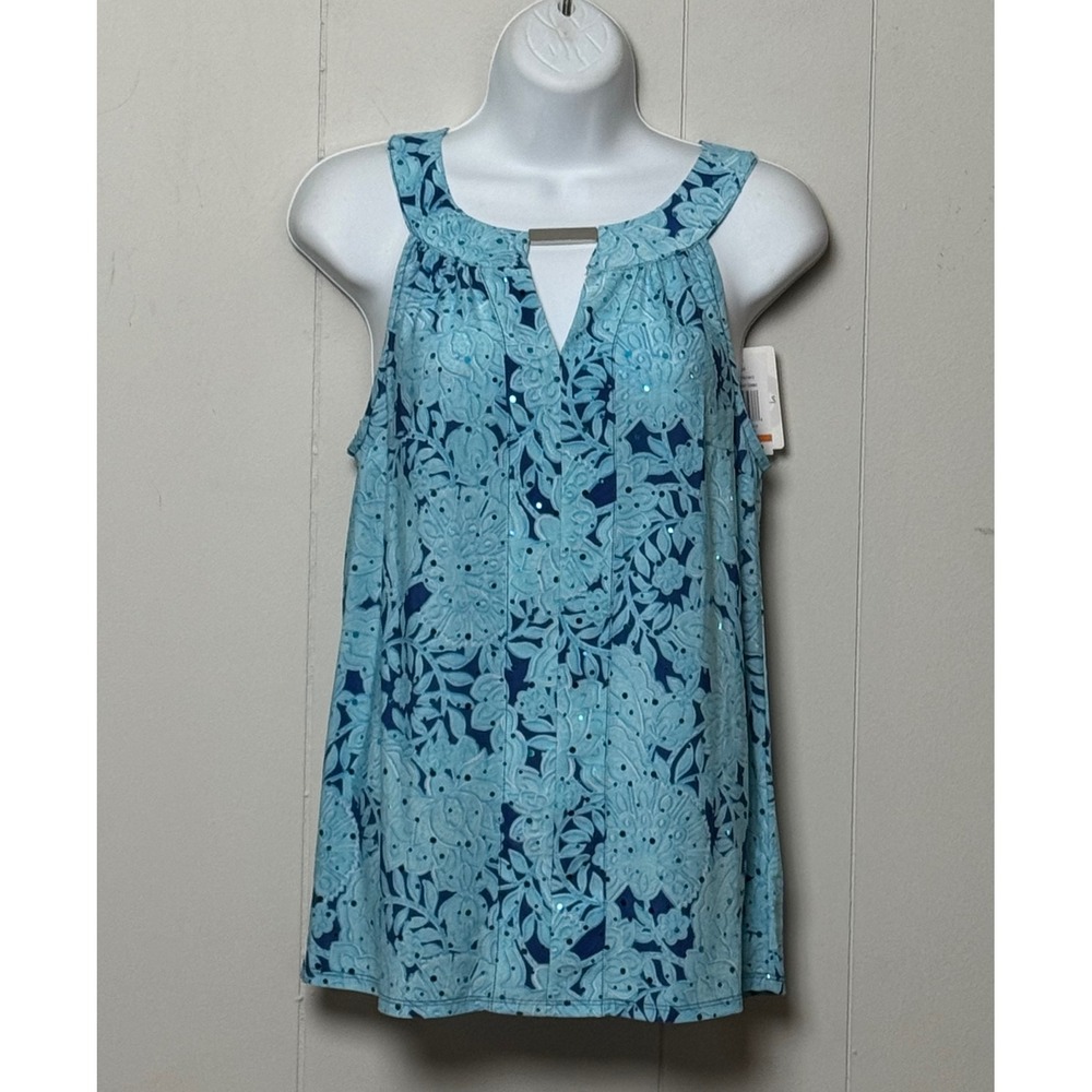 NWT Emily Daniels Blue Floral Sequin Sleeveless Tank Split Neck Bar Detail Sz S